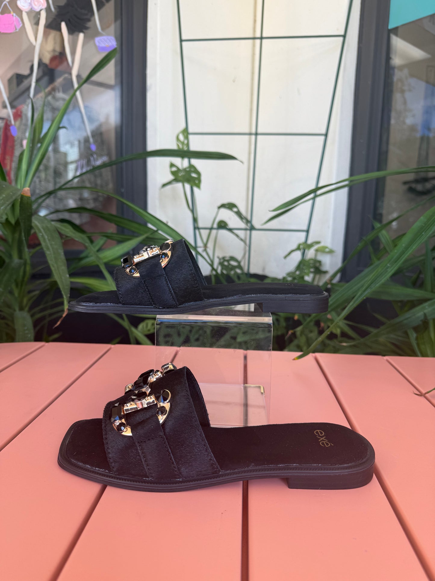 Barbara Black Pony Hair Flat Sandal