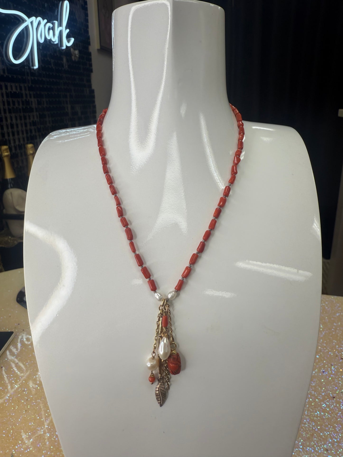 36" Garnet Coral w semi precious beads and coral drops at end necklace