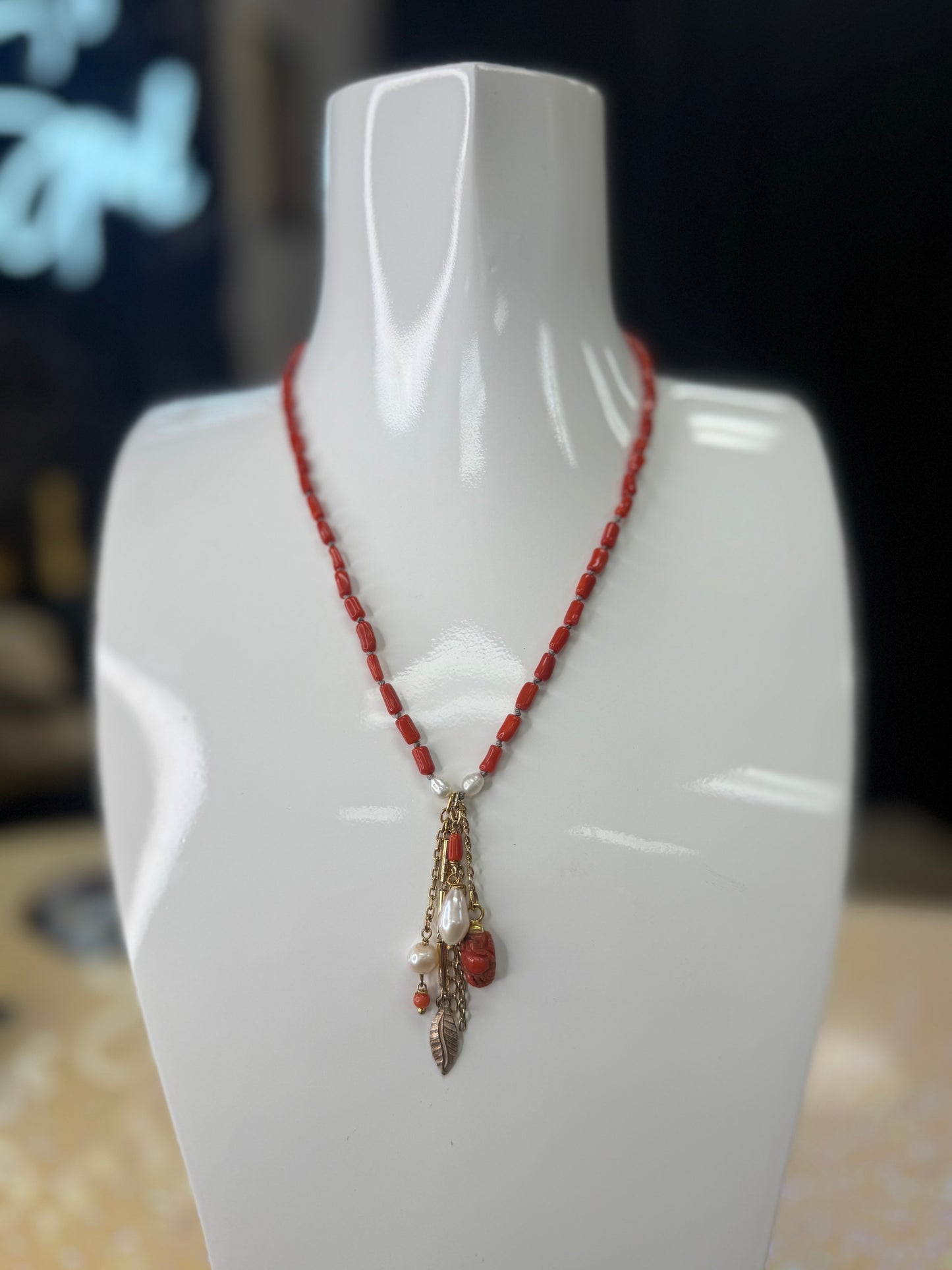 36" Garnet Coral w semi precious beads and coral drops at end necklace