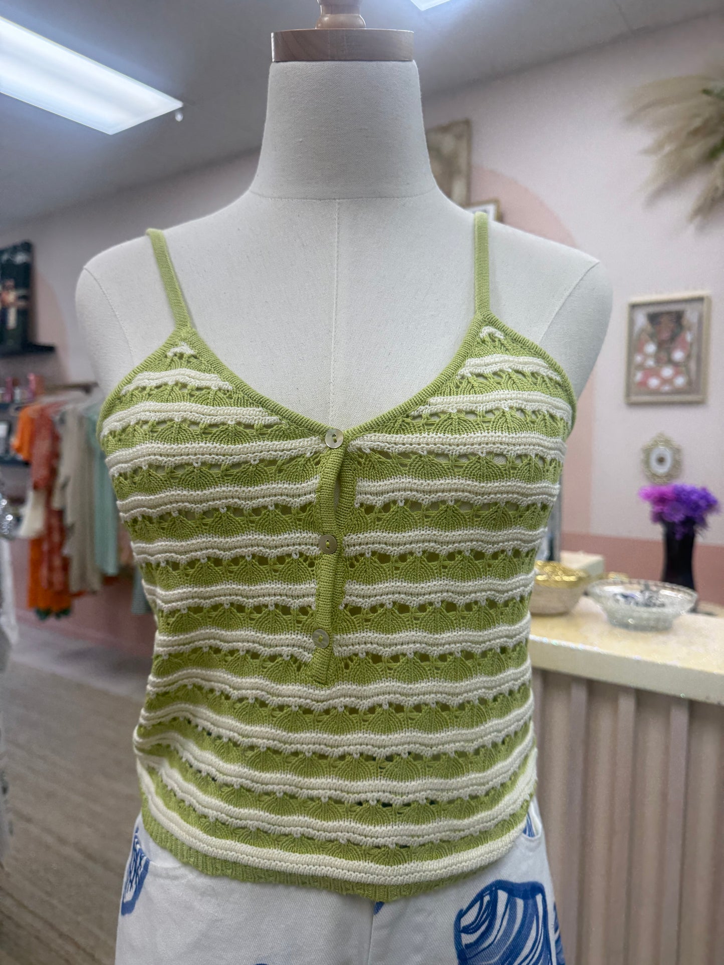Knit Striped Lightweight Tank, Lime Green and White Stripes, Spaghetti Straps, Pairs well with the Grace Cardigan