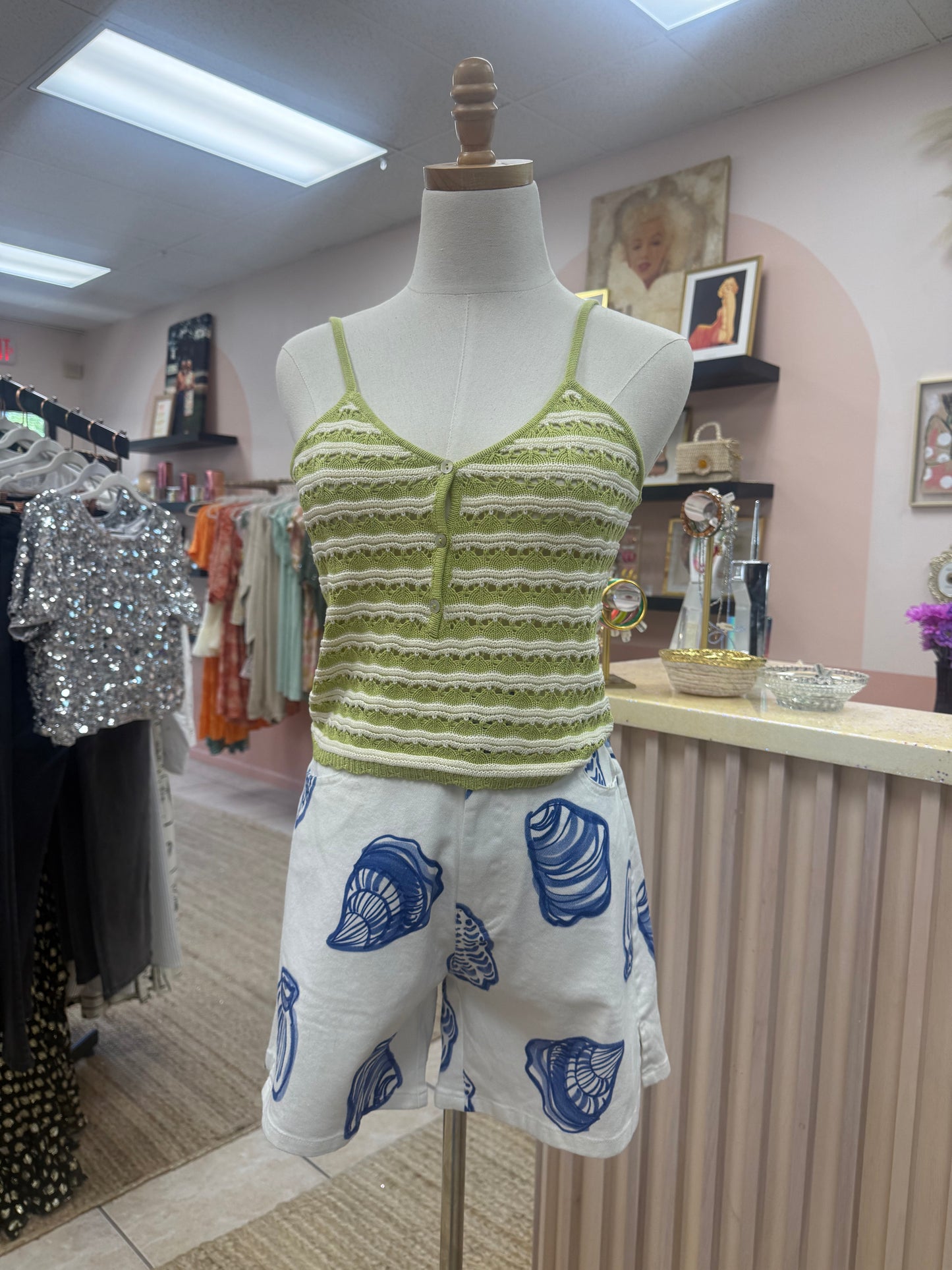 Spaghetti Straps, Lightweight, Lime Green and White Stripes, Matches well the Grace Cardigan