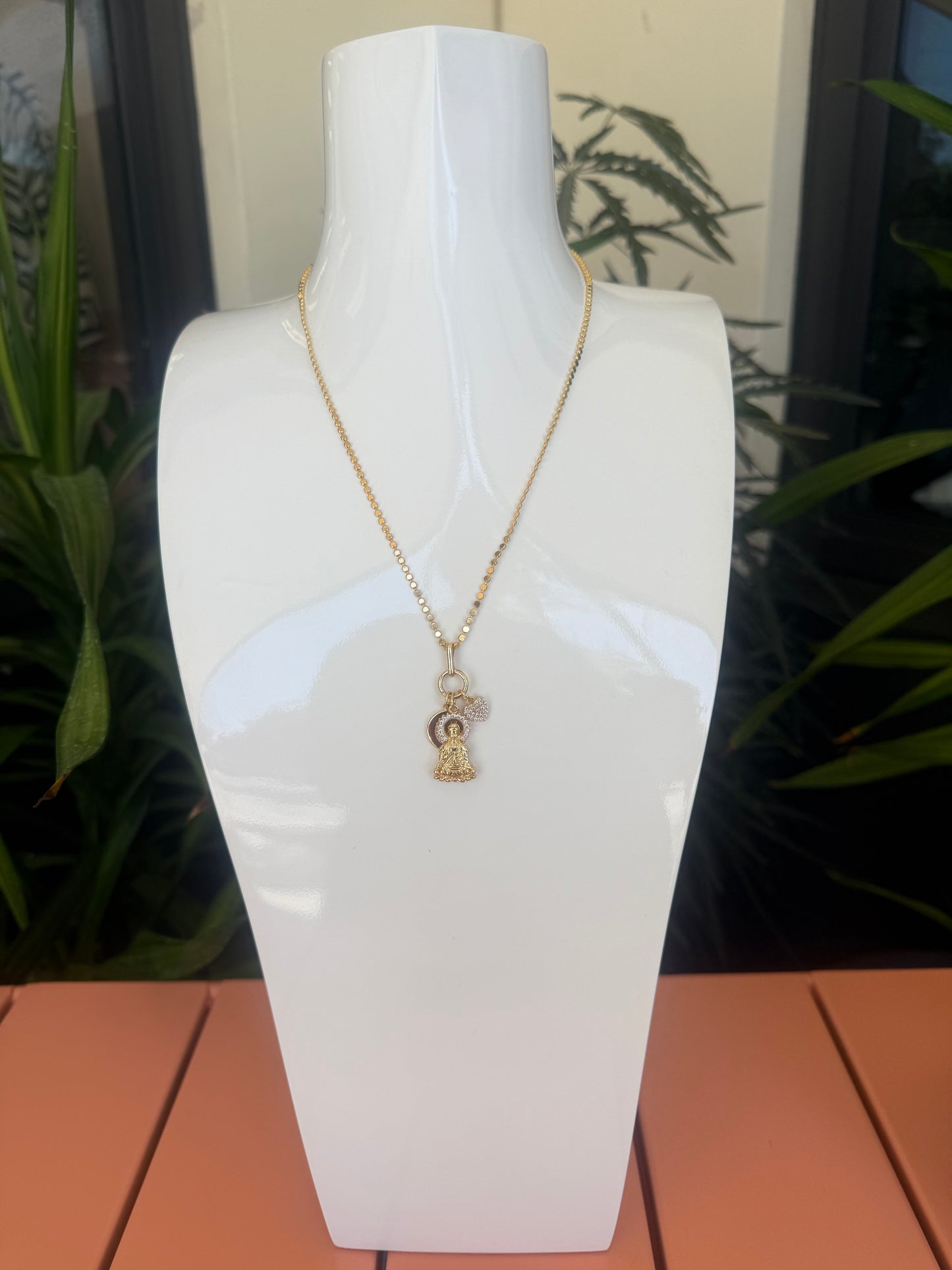 Short Necklace with Buddha, Heart & Moon CZ charm, a staple for curated boutique fashion and chic affordable style available at your Womens Boutique West Palm Beach, FL.