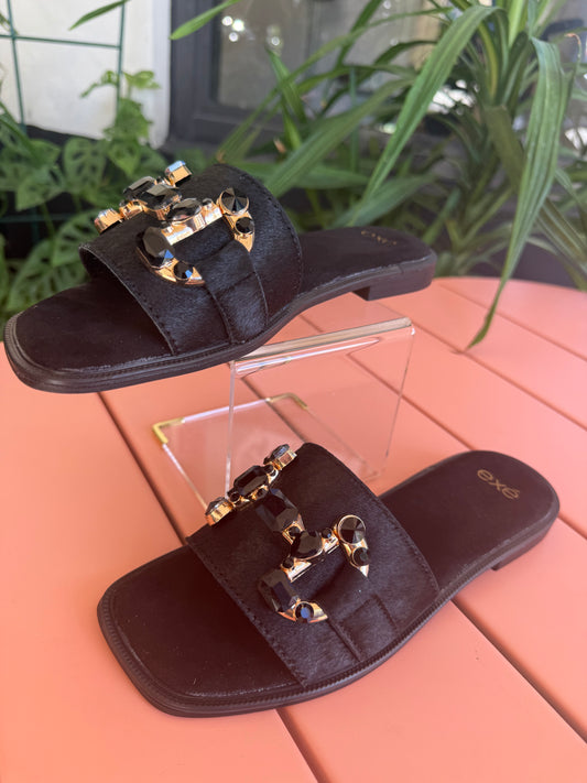 Barbara Black Pony Hair Flat Sandal