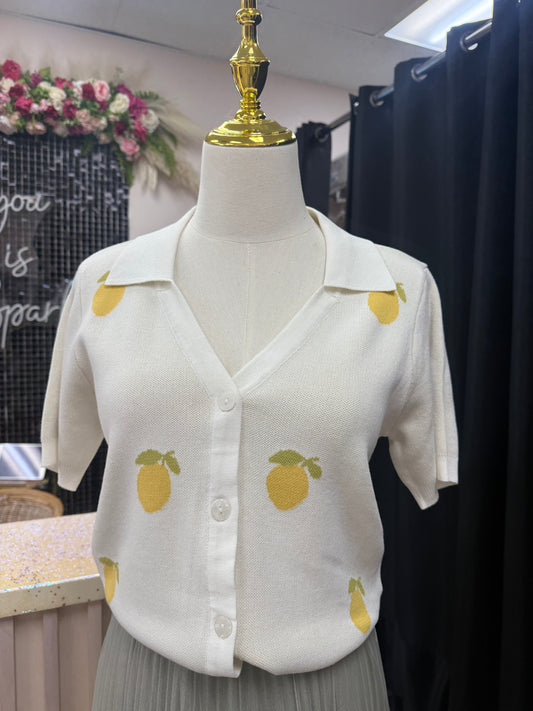 Linny Citrus Embroidered Lemon Button DownKnit Shirt