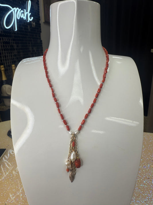 36" Garnet Coral w semi precious beads and coral drops at end necklace