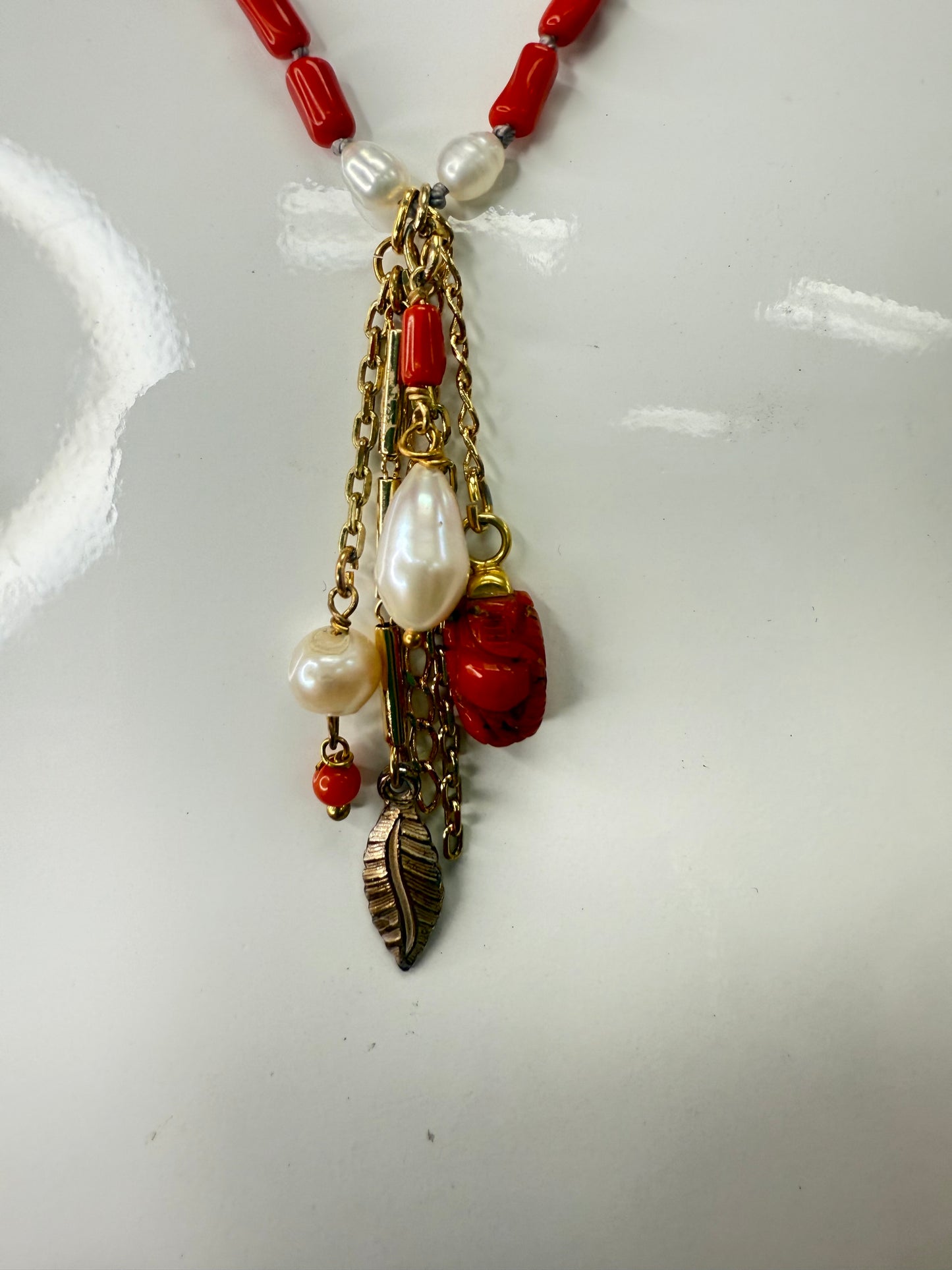 36" Garnet Coral w semi precious beads and coral drops at end necklace