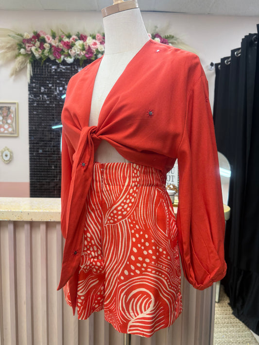 Jenn Sequined Emb. Tie Front Top
