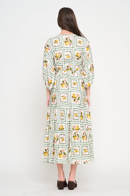 Woman wearing a patterned dress on a white background, Woman wearing a patterned dress on a white background, Alana 3/4 Sleeve Maxi Dress a staple for curated boutique fashion and chic affordable style available at your Womens Boutique West Palm Beach, FL.