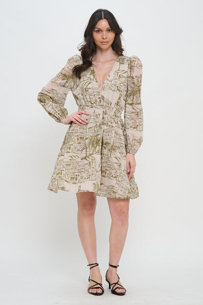 Woman wearing a patterned dress on a white background,  Alexis Santorini Sketch L/S Short Dress, a staple for curated boutique fashion and chic affordable style available at your Womens Boutique West Palm Beach, FL.