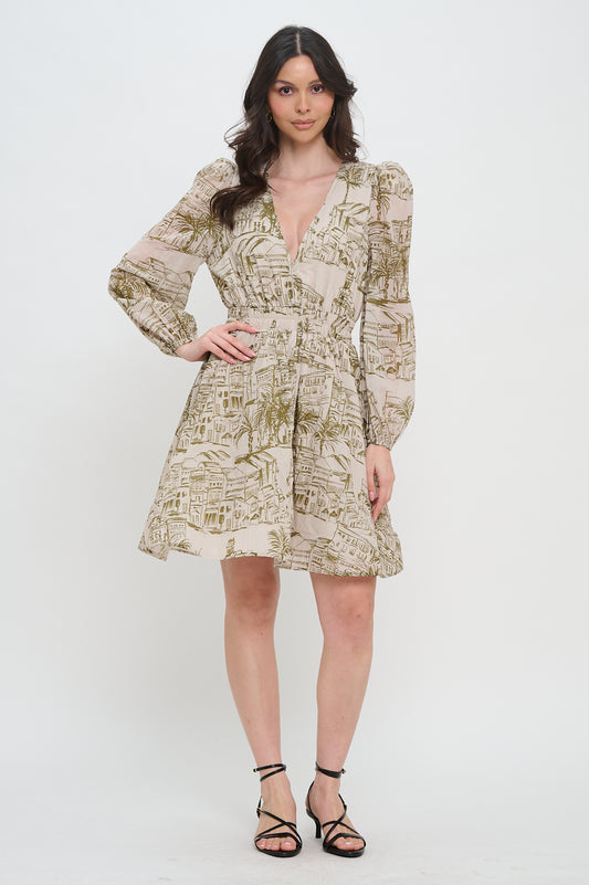 Woman wearing a patterned dress on a white background,  Alexis Santorini Sketch L/S Short Dress, a staple for curated boutique fashion and chic affordable style available at your Womens Boutique West Palm Beach, FL.
