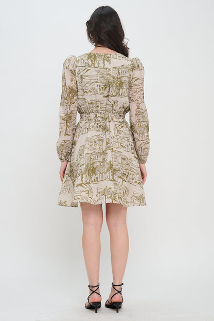 Woman wearing a patterned dress on a white background, Woman wearing a patterned dress on a white background,  Alexis Santorini Sketch L/S Short Dress, a staple for curated boutique fashion and chic affordable style available at your Womens Boutique West Palm Beach, FL.
