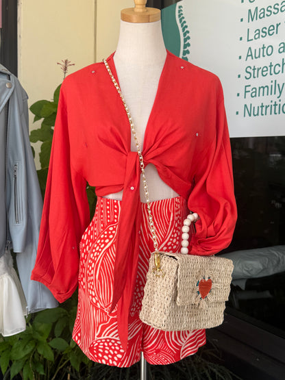 Jenn Sequined Emb. Tie Front Top