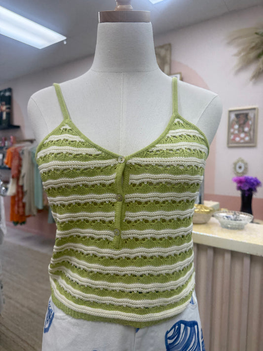 Knit Striped Lightweight Tank, Lime Green and White Stripes, Spaghetti Straps, Pairs well with the Grace Cardigan