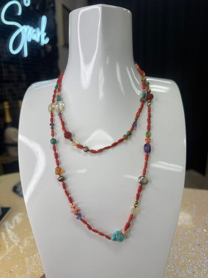 Long Knotted Coral w. assorted precious beads