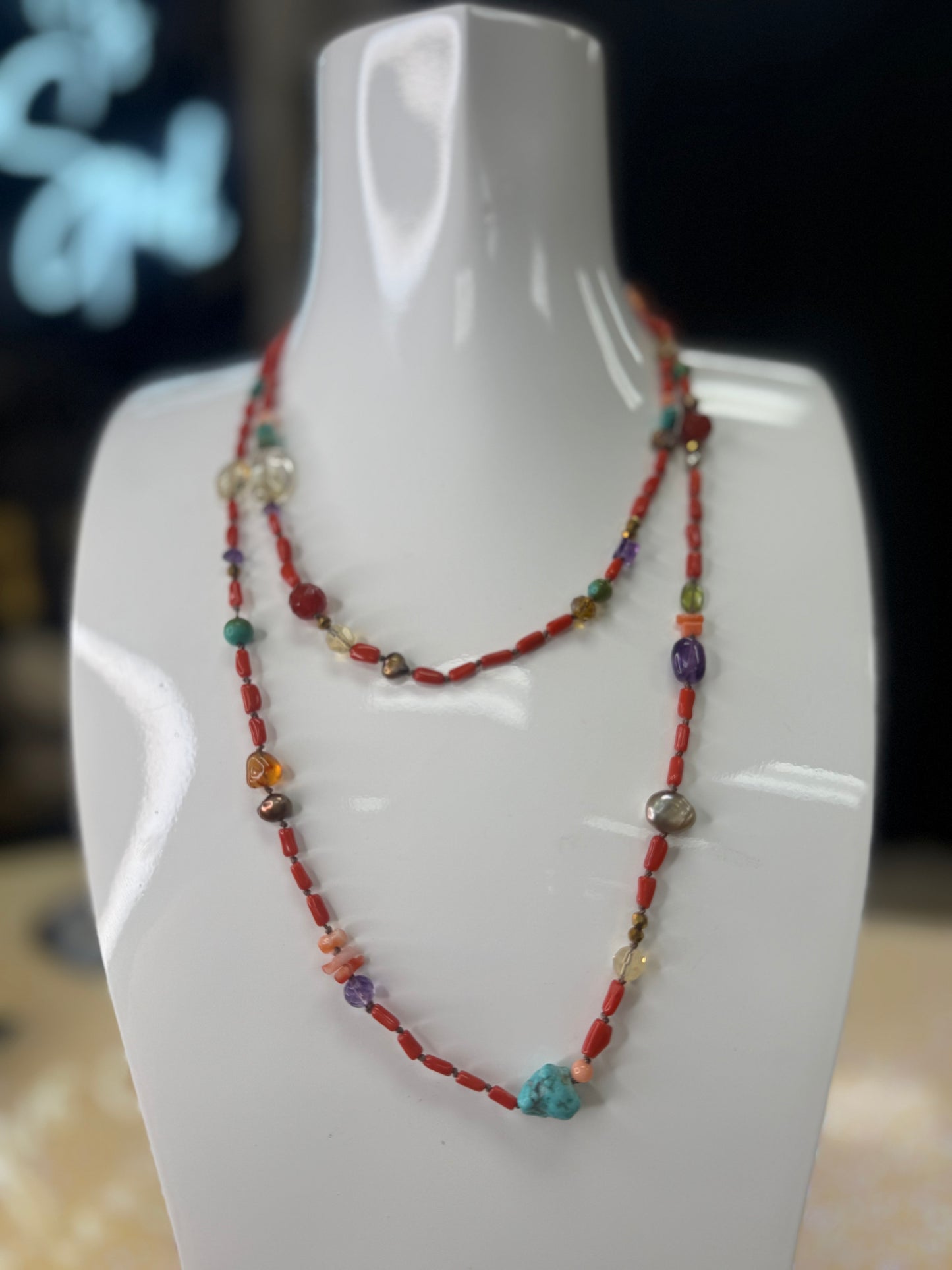 Long Knotted Coral w. assorted precious beads