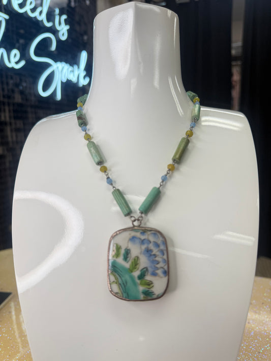 Turquoise Linked Tube shape chain with Porcelain sq painted drop charm