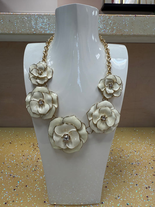 Floral Charm with CZ Diamond Center Link Necklace