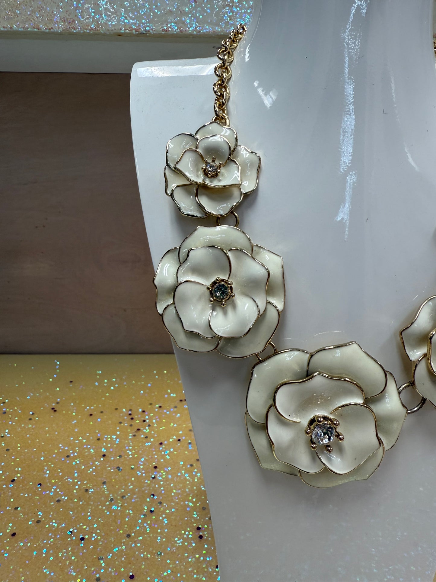 Floral Charm with CZ Diamond Center Link Necklace