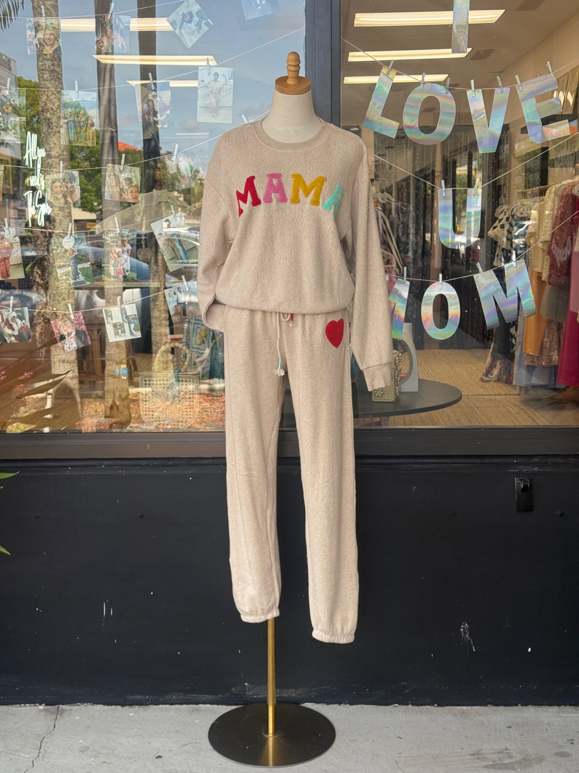 Mama Embroidered Patch, Super Soft Sweatshirt and pants, elastic - waist sweatpants , Heart Patch, pockets
