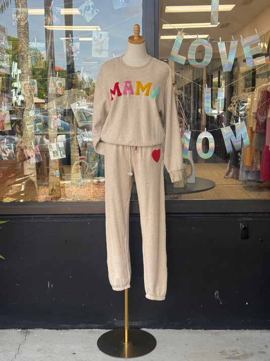 Mama Embroidered Patch, Super Soft Sweatshirt and pants, elastic - waist sweatpants , Heart Patch, pockets