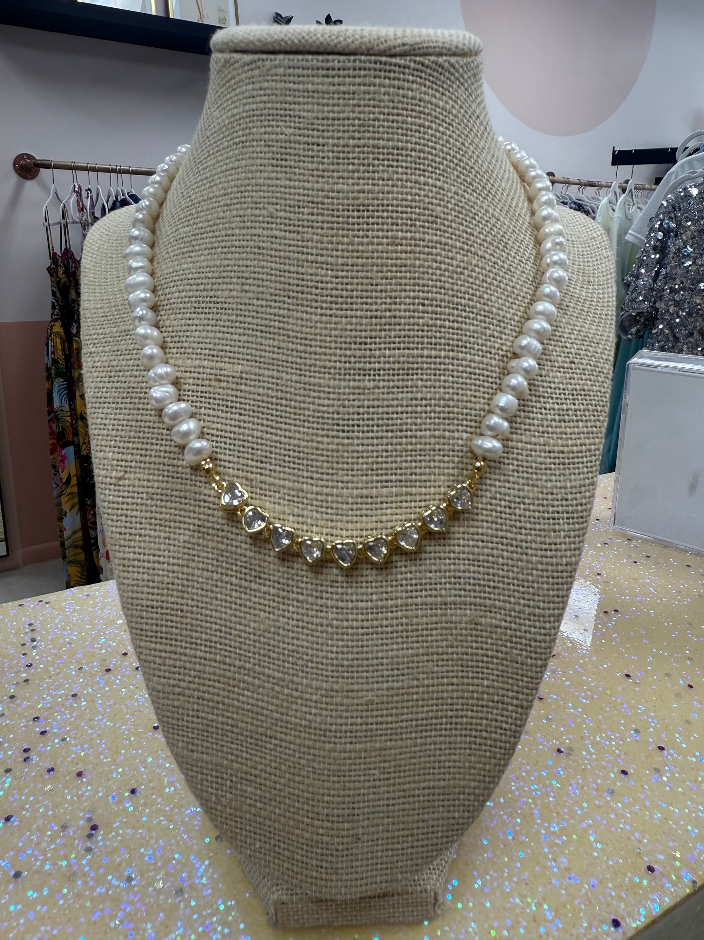 Pearl Necklace with Multiple Diamond Hearts