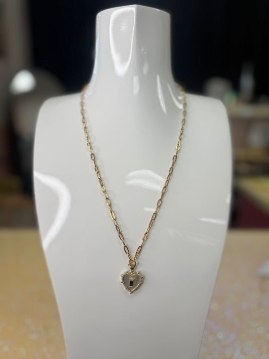 Small Gold Filled paper clip necklace w heart charm drop emerald glass center