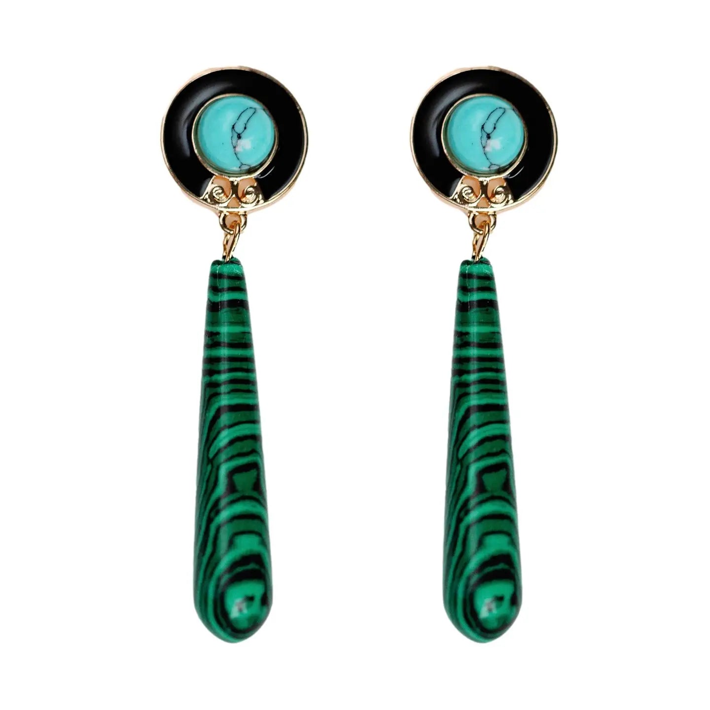 Pair of earrings with green marbled drops and turquoise stones on a white background